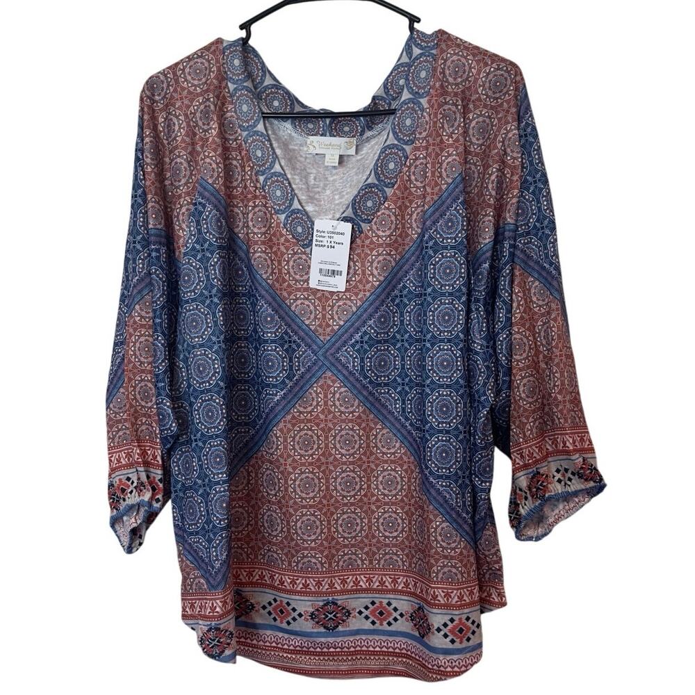 NWT Weekend Suzanne Betro Bohemian V-Neck Blouse Top Size 1X Blue Light Red